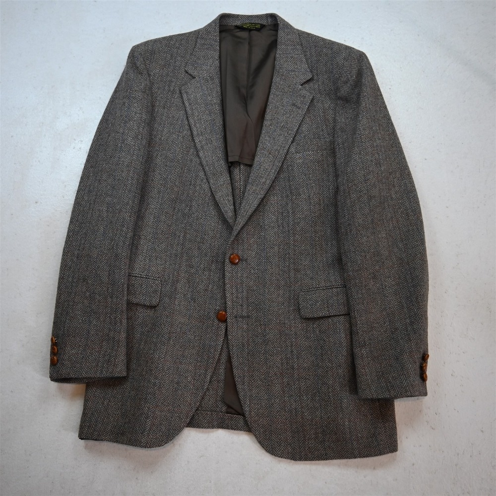 Vtg USA Made 44L Brown Herringbone Wool Tweed Mens Blazer Suit Jacket Sport Coat